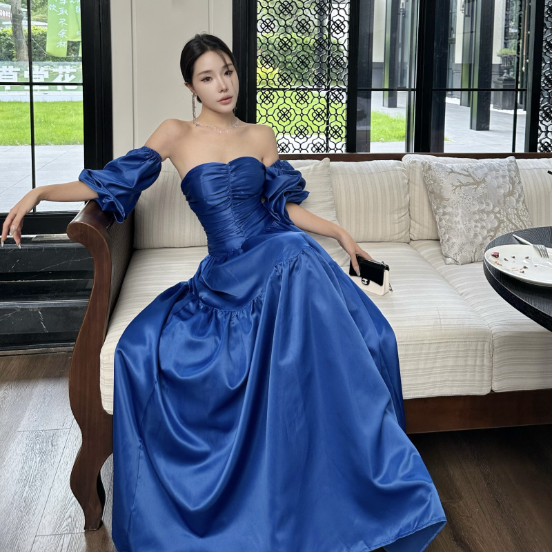 Blue Dress for Women with a French Style, Suitable for Banquets, Reception, Toast, Bride, Engagement, Birthday Party, Off-Shoulder Long Gown Blue Dress for Women with a French Style, Suitable for Banquets, Reception, Toast, Bride, Engagement, Birthday Party, Off-Shoulder Long Gown