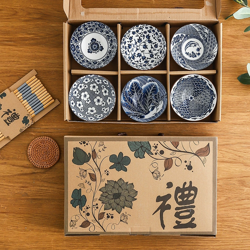 Japanese blue and white ceramic retro tableware, gift box, set, Birthday gift