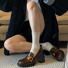 牛皮版2025新款复古方头粗跟一脚蹬乐福鞋高跟小皮鞋女英伦风鞋子