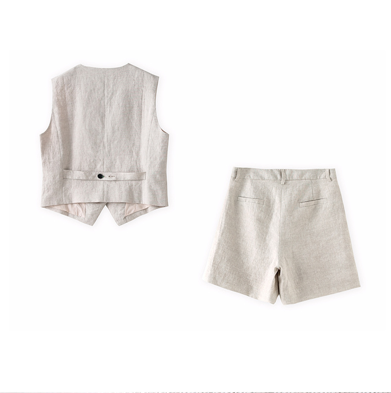 Bộ vest nữ cổ chữ V hai mảnh vải lanh đi làm mùa hè — Màu mơ chi tiết 11