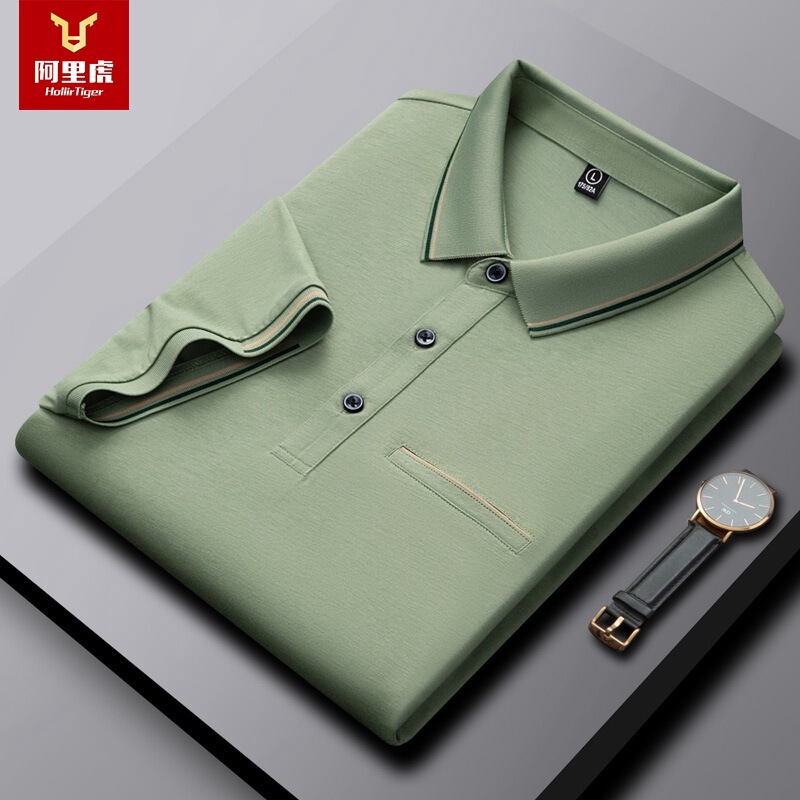 Father's Day Summer Short-sleeved T-shirt Lyocell Tencel Cotton Real Pocket Solid Color Loose Lapel Polo Shirt for Men