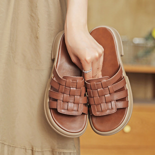 Nick Arthur Summer Korean Style Hand-Woven Leather Slippers Retro Thick-Bottom Outer Wear Flat Casual All-Match Sandals