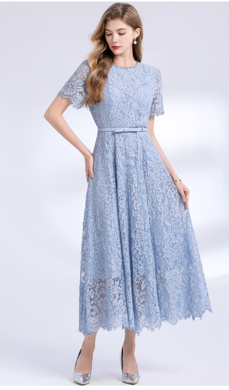 Váy ren đính kim cương cổ tròn tay ngắn cao cấp mùa hè — Màu xanh lam nhạt, Màu đỏ rượu chi tiết 7