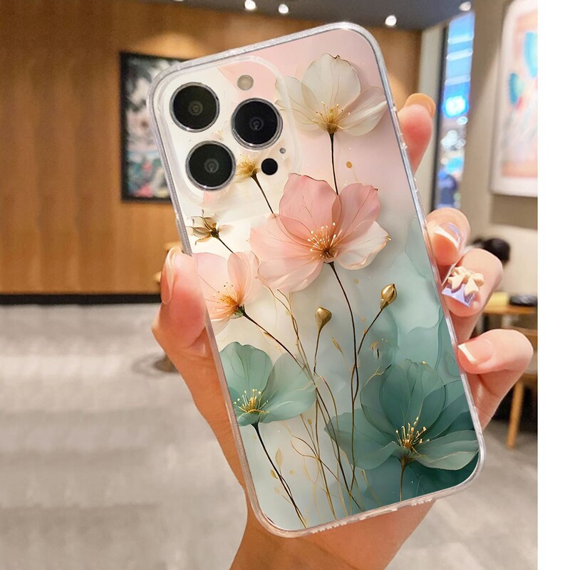 Dark Green Lotus Anti-Fall Transparent Shell Suitable for Iphone15/16/17 Series Promax/14 Mobile Phone Case Protection