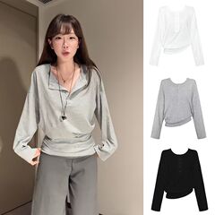 【1304人集め】ハーフオープンカラー無地長袖Tシャツレディース2025春新作韓国風シンプルゆったり