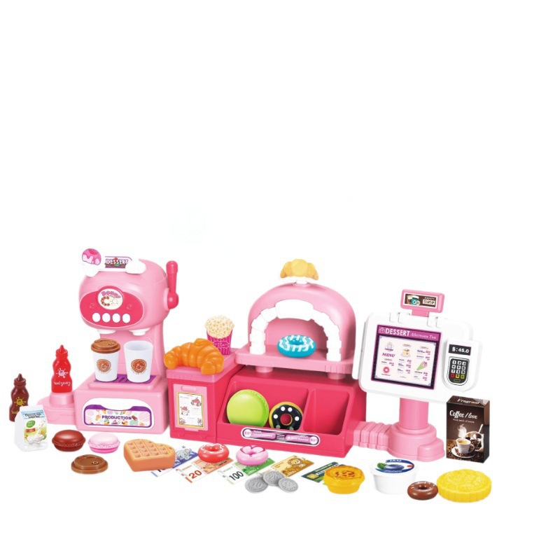 Simulación transfronteriza infantil de supermercado de compras helados hamburguesas cafetera juegos caseros cajas registradoras