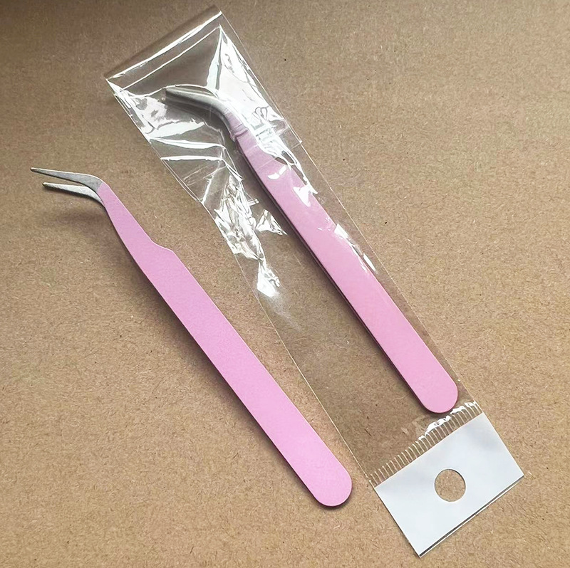Pinzas para pestañas de acero inoxidable, punta curva, rosa
