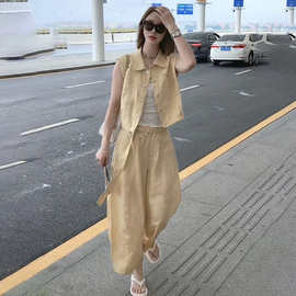 深圳南油卡其色工装风马甲阔腿裤运动套装女2026新款夏季两件套女