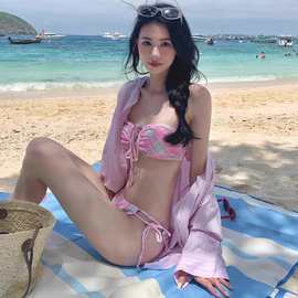 源头厂家新款甜美少女复古格子性感简约抹胸分体三件比基尼游泳衣