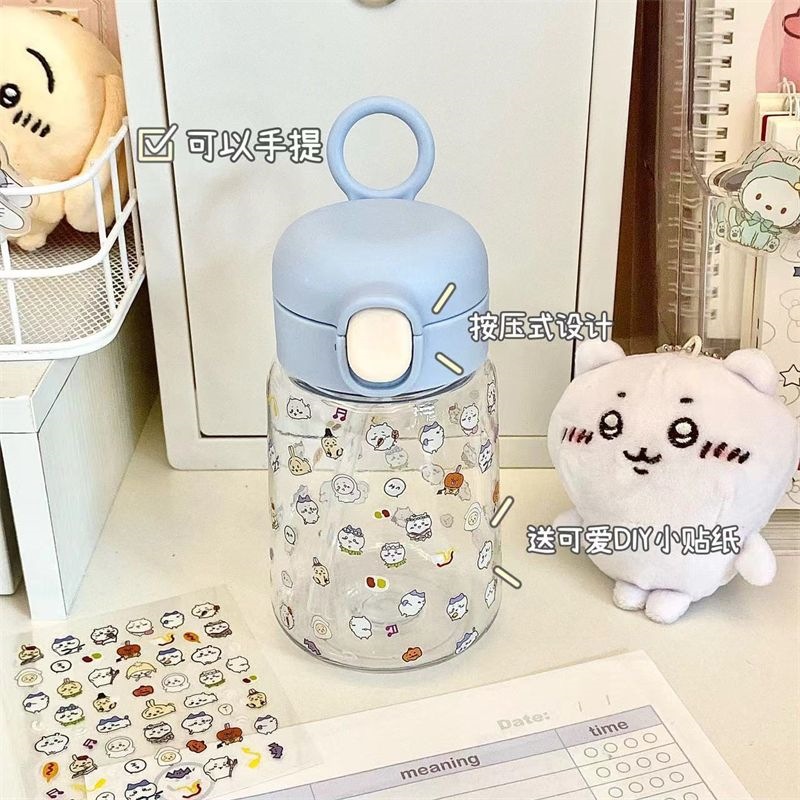 치이카와 410ml 휴대용 빨대컵 316L 스테인리스 학생용 미니 물컵 스티커 세트