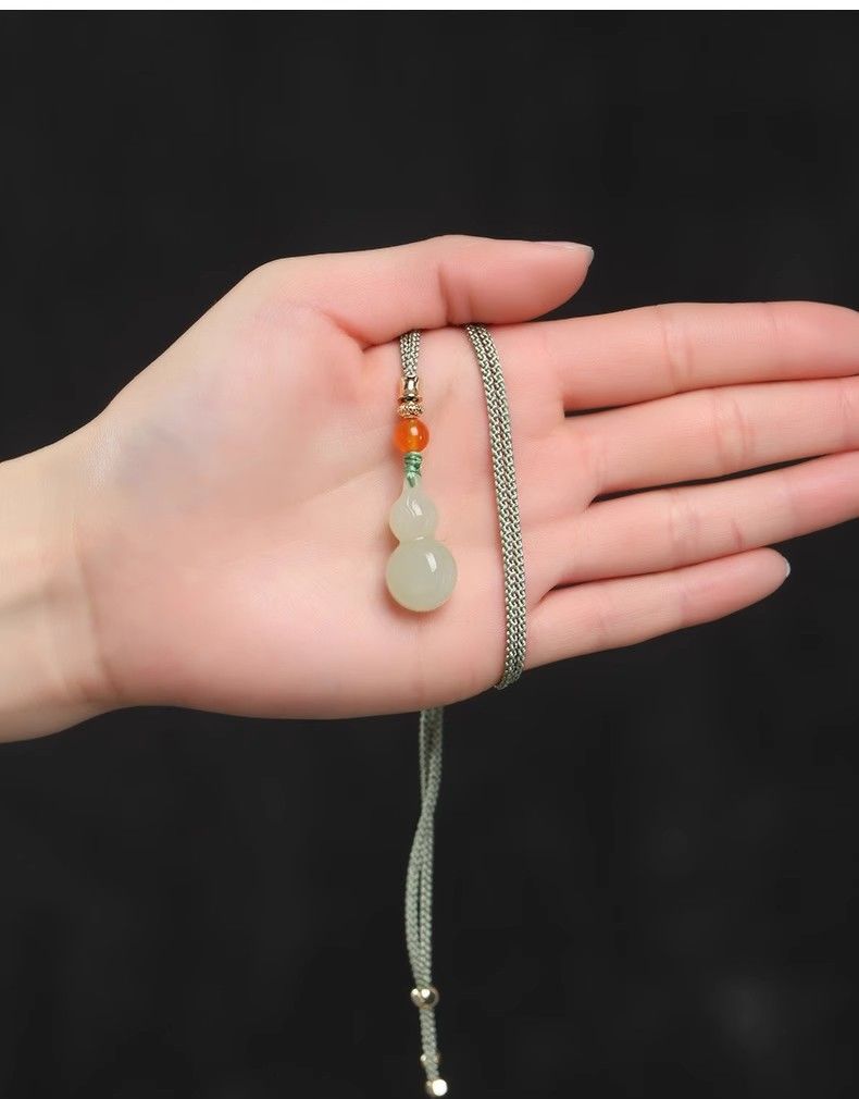 Mặt dây chuyền ngọc bích Hetian tự nhiên hình quả hồ lô, ngọc trắng, dây chuyền nữ chi tiết 17