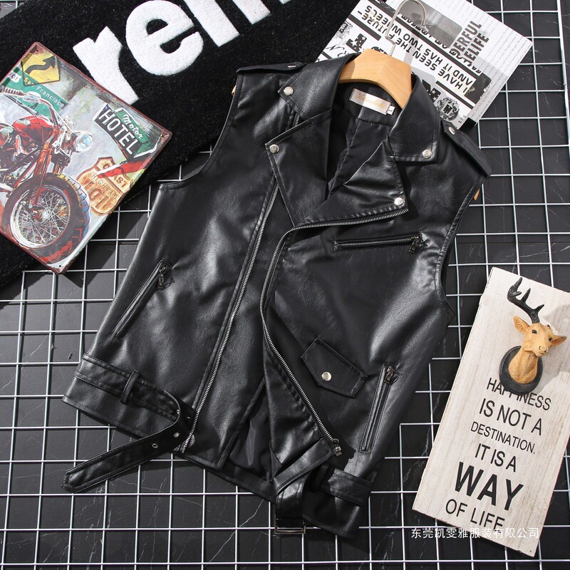 Men's Vest 2026 Spring and Autumn New Short Sleeveless Motorcycle Style Pu Leather Jacket with Suit Collar Punk Vest with Belt