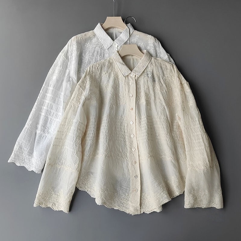 2025 New Autumn Style Fresh and Loose Cotton Lace Heavy Embroidery Single-Breasted Shirt Casual Top Trendy