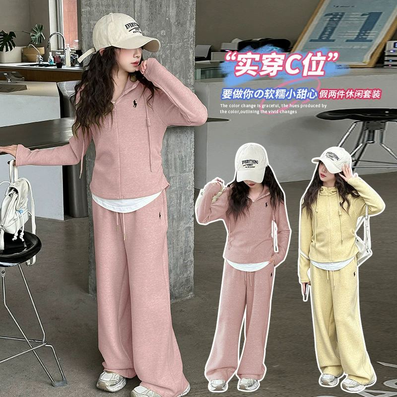 Autumn sports sweatshirt, set for leisure with hood, trousers, for teenagers, Korean style