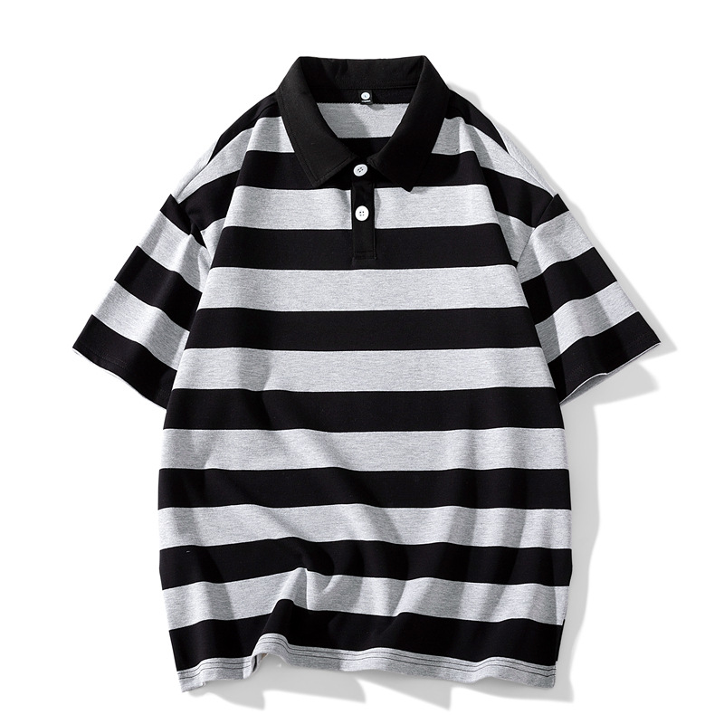 Men's Summer Striped Polo T-Shirt Heavyweight Soft Skin-Friendly Short Sleeve Hong Kong Style Trendy Brand Suitable For Students And Commuters_viptrois.com
