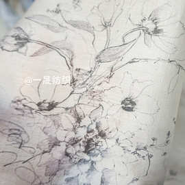 中国风晕染白描花卉古风印花曲天丝新中式旗袍莱赛尔汉服半透面料