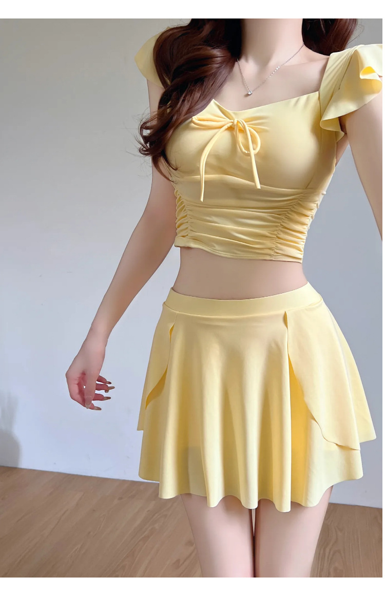 GraceChic 2025 Neuer hochwertiger gelber zweiteiliger Badeanzug im Rockstil für Damen – Bauchkontrolle, figurformend, für kleine Oberweite, konservativ, ideal für den Urlaub_voghion.com