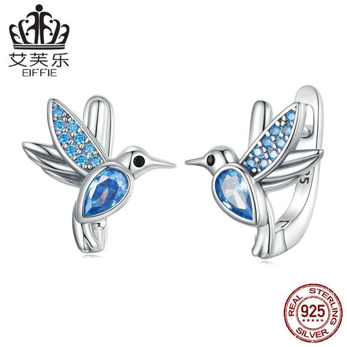 Avle Original Sterling Silver S925 Hummingbird Earrings Blue Zircon Exquisite Bird Animal Smart Earrings Stud Earrings