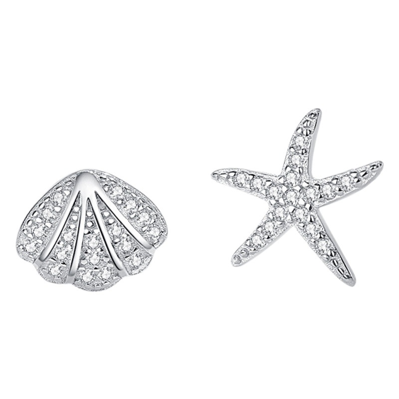 S925 plata esterlina Shell Starfish Stud pendientes para mujeres estilo japonés y coreano diamante completo diseño creativo asimétrico pendientes ins estilo