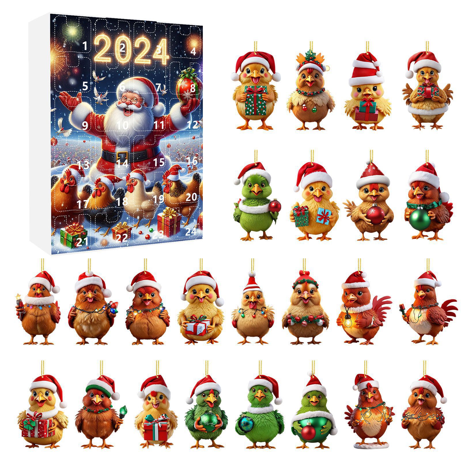 thumbnail image 1 of Calendario de Adviento de Navidad, cuenta regresiva para la llegada del pollo navideño, caja sorpresa, mini colgante de acrílico con pollo bebé, juego de caja sorpresa navideña, 1 of 5