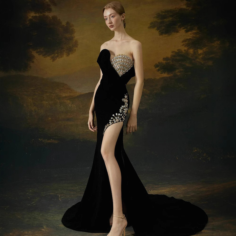 Heavy-duty Hot Rhinestone Strapless Slim-fit Elegant High-split Design High-end Evening Dress Banquet Car Model Catwalk Dress