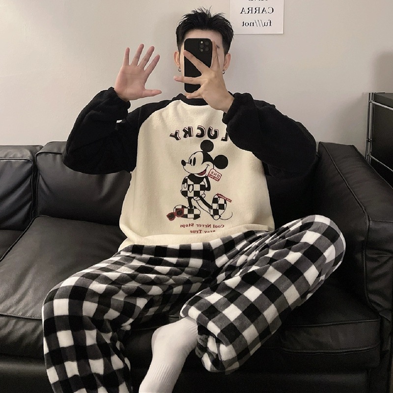 Coral Velvet Pajamas Men's Autumn and Winter 2025 New Thickeneded Fleece-Lined Youth Winter Warm Home Wear Set