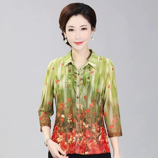 竹语声2024新款春装中年女装衬衫台湾网纱妈妈装大码春装衬衫