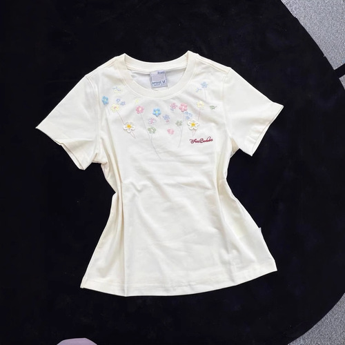 2025 summer new slim fit slim embroidered three-dimensional flower round neck short-sleeved top
