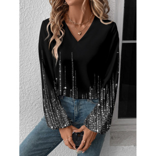 Amazon European and American Cross-Border Export 2025 Summer Casual V Neck Printed Long-Sleeved Tops T-Shirts for Women Fashionable and Casual