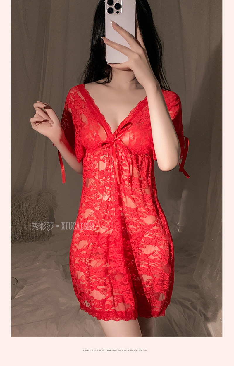 See-Through Lace Lingerie Set with Babydoll Nightgown, Thong and Open-Crotch Stockings, Red One Size — detail image 10