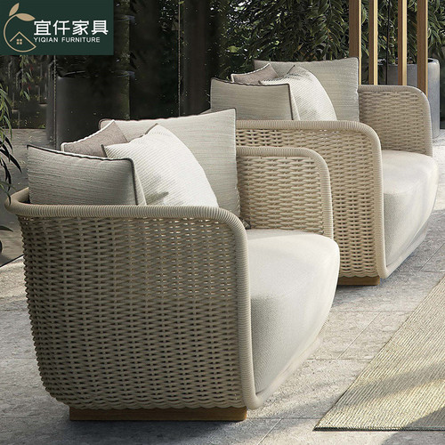 Nordic outdoor sofa courtyard villa living room single waterproof woven rope design rattan furniture solid wood coffee table