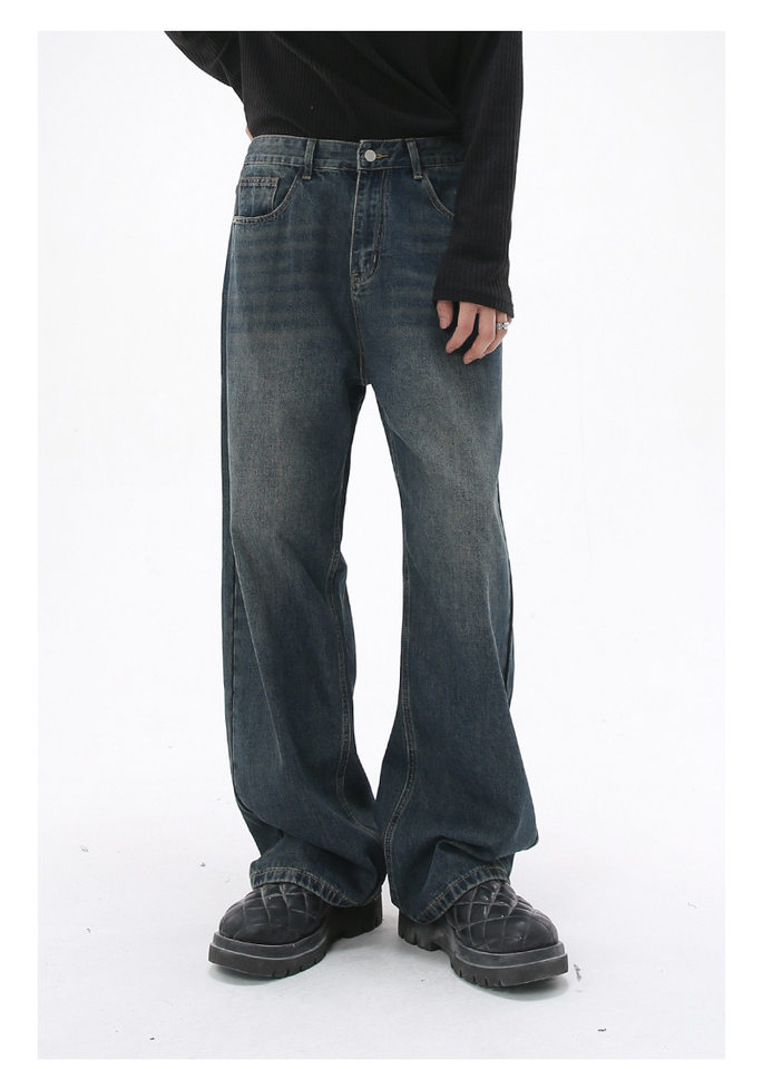 Quần jean nam ống rộng dáng suông cạp vừa vải denim xanh giặt nhẹ — Màu xanh lam chi tiết 6