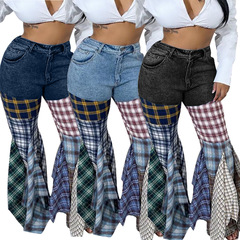 Ld83176欧米の婦人服アマゾンwishは千鳥格のラッパのデニムのハスの葉の辺のズボンをつなぎ合わせます。