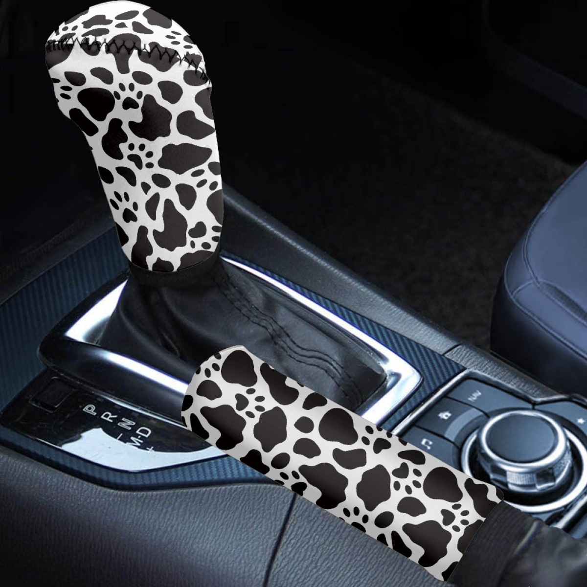 Amazon Car Gear Shift and Handbrake 2-Piece Set Pod Black and White Cow Pattern Universal Car Decoration Accessories Protective Cover