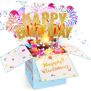 Cross-Border Customized 3D Pop-Up Birthday Greeting Card with Blowable Light Music Stereo Box Fun Birthday Gift Card