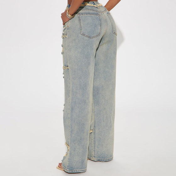 American Style Retro Washed Old Design Sense Dirty Hole Denim Pants Women's Loose Wide Leg Heavy High Street Trousers