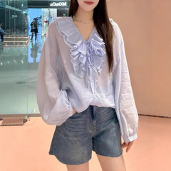 25春夏の新型長袖シャツロマンチックなハスの葉の縁vネックの薄い上着の女性のゆったりとした防シャツ3j 2c 4021r