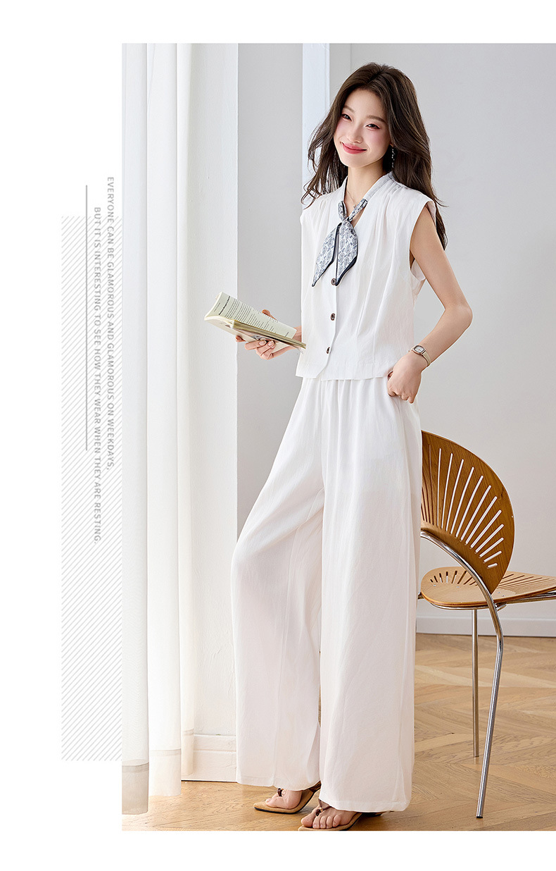 Bộ quần áo hai mảnh mùa hè 2026 gồm áo phối quần ống rộng cao cấp YB2636 — Xanh lông mòng đen, màu trắng chi tiết 19