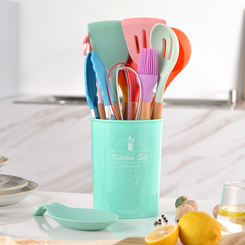 木柄硅膠廚具11件套收納桶裝 九色系硅膠廚具烹飪鏟勺11件套裝