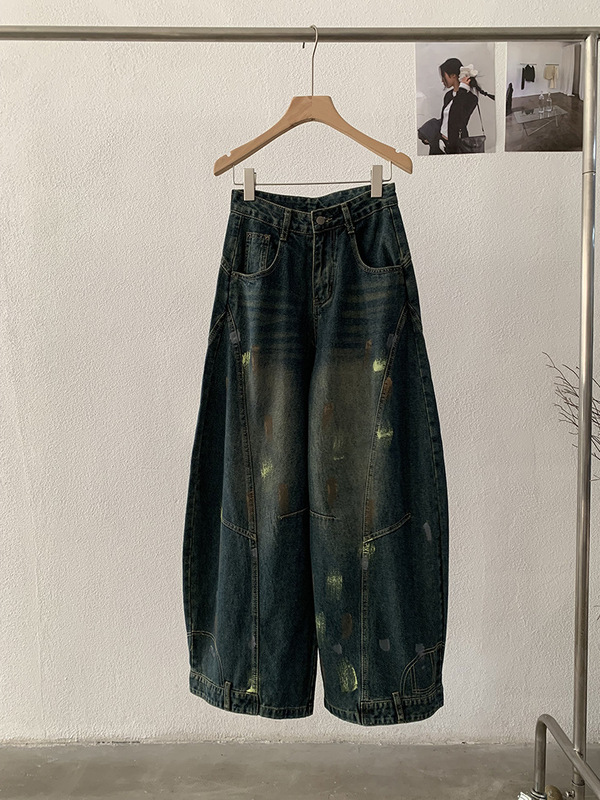 欧玛莱 复古脏染阔腿牛仔裤女秋季宽松显瘦设计感弯刀裤子潮 4896|undefined