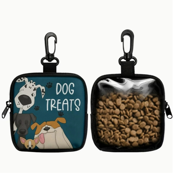 New Cross-Border Pet Snack Bag with Cartoon Print, Semi-Transparent Portable Dog Training Bag Set with Hook and Zipper