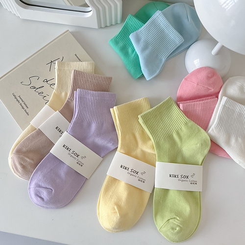 White socks women's mid-calf cotton socks ins trendy summer thin solid color Japanese candy-colored socks women's summer cream