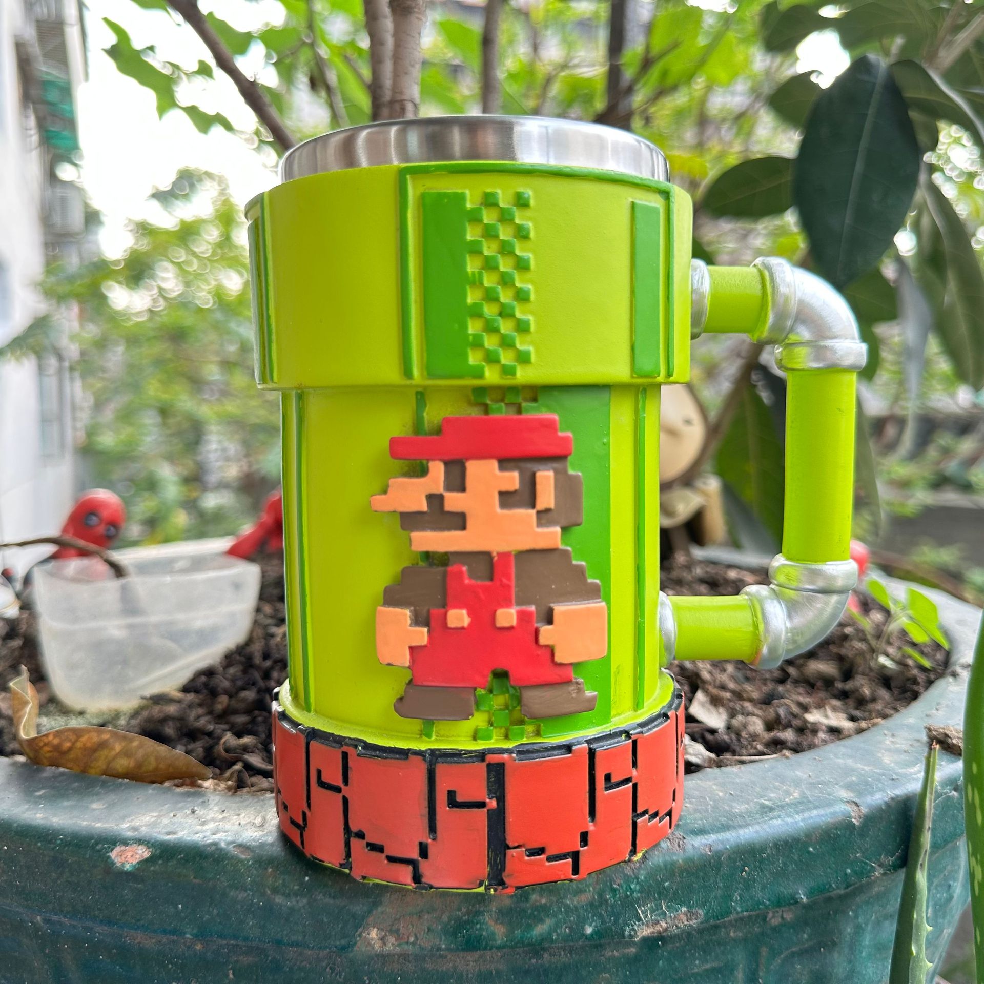 Fábrica Super Mary juego Acero inoxidable tubo de agua boca pixel taza de agua de dibujos animados boca taza de café