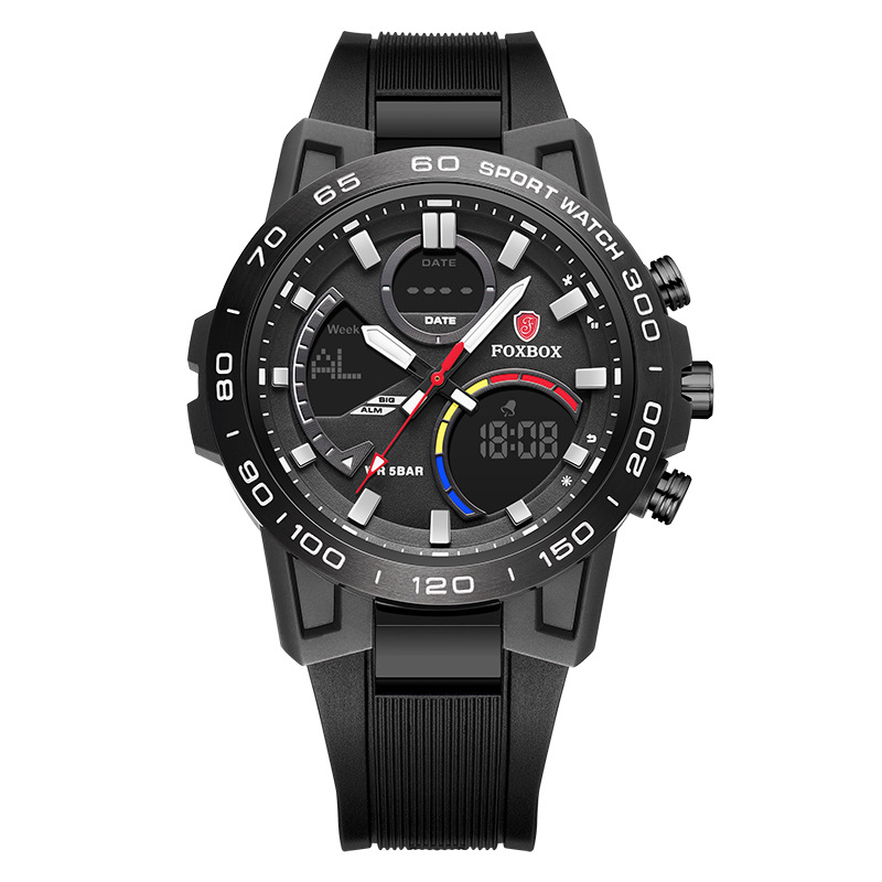 FOXBOX hombre nuevo cronógrafo multifuncional impermeable reloj despertador de doble pantalla reloj electrónico reloj deportivo para estudiantes