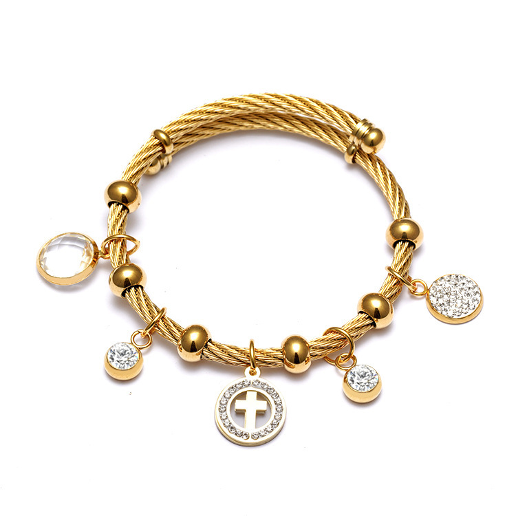Cross, Devil's Eye, Moon, Tree, Hand Of Fatima Pattern Ethnic Style Star Stainless Steel Hollow Out Artificial Gemstones Bangle 1 Piece
