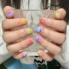 卡通萌趣小怪獸穿戴甲春日手繪大眼仔美甲貼片日式裸色磨砂假指甲