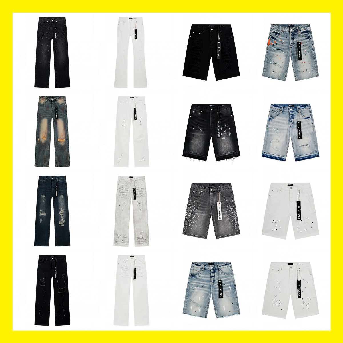 Comercio exterior transfronterizo mayorista purp1e estilo americano marca de alta calle agujero parche de tinta retrógrada lavado jeans pantalones cortos