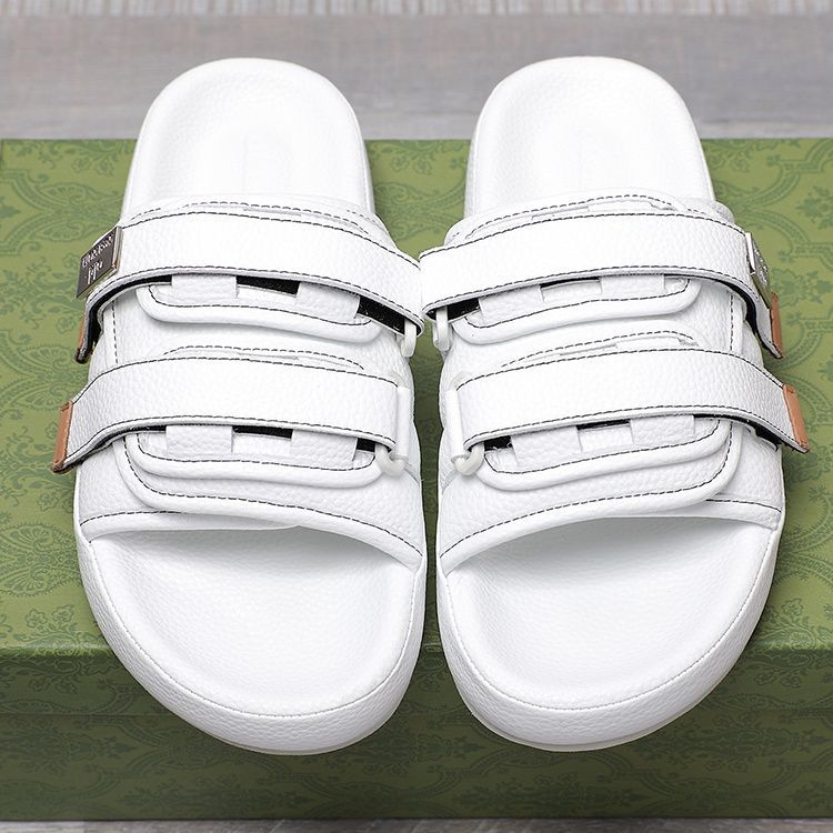 Authentic yezzy Slippers for Men's Summer Outer Wear Velcro Genuine Leather Couple Style Beach Slippers for Men Non-slip Trendy