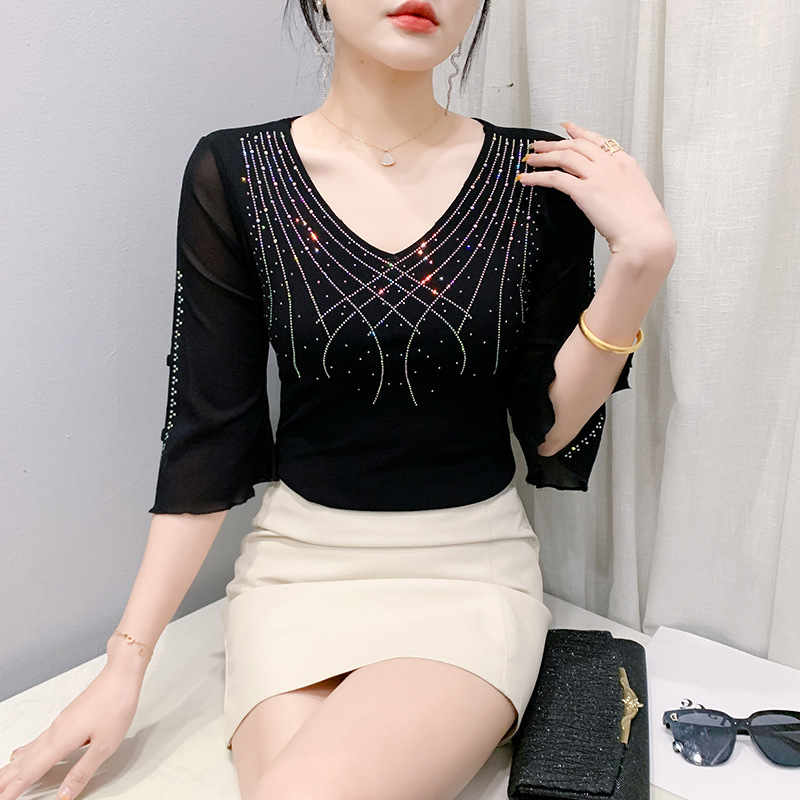 2025 verano nuevo estilo de malla de moda split hot shots wild skinny de siete cuartos de manga top femenino T-shirt tendencia image 4
