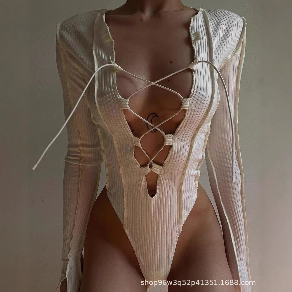 2025 European and American Style Foreign Trade Ins Women's Hollow-Out Lace-Up Slim-Fit Long-Sleeve Bodysuit Sexy Hot Girl Style